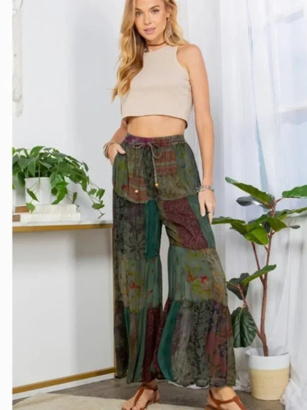 NWT Young Threads Bohemian Patchwork Maxi Pants Floral Green and Black - Picture 2 of 5